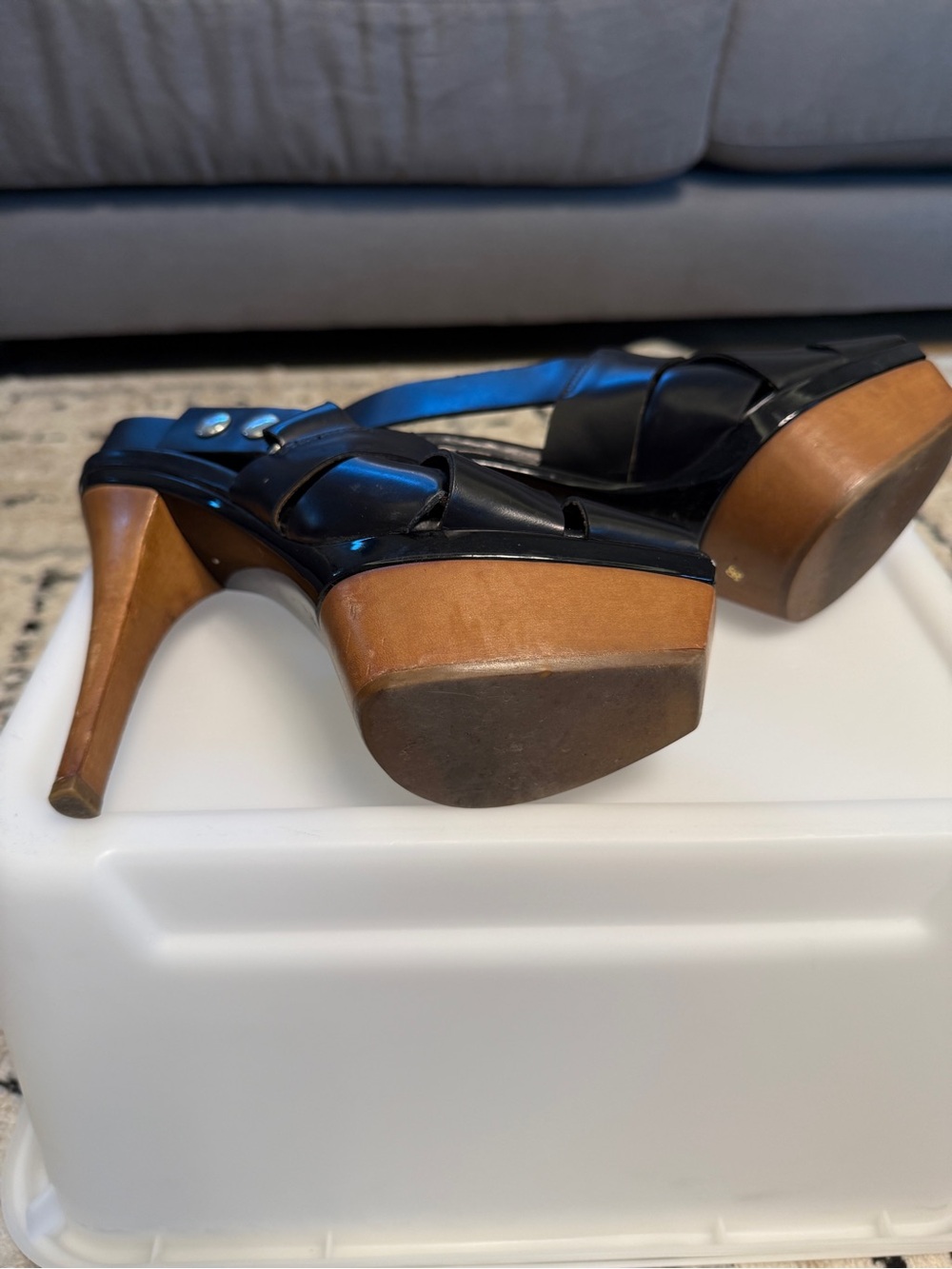 Black Leather Marni Peep-Toe Woven Platform Slingback Heels - Picture 2 of 4
